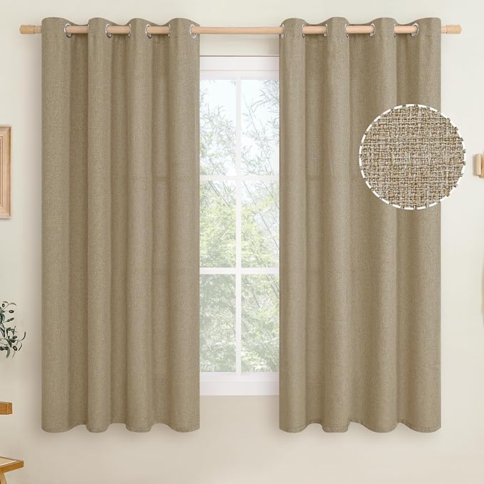 LAMIT Linen Textured Curtains for Living Room, 63 inches Long Grommet Thermal Insulated Thick Burlap Curtains Light Filtering Panels for Bedroom/Farmhouse, Set of 2 Panels, W52 x L63, Tan Brown