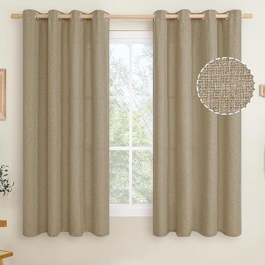 LAMIT Linen Textured Curtains for Living Room, 63 inches Long Grommet Thermal Insulated Thick Burlap Curtains Light Filtering Panels for Bedroom/Farmhouse, Set of 2 Panels, W52 x L63, Tan Brown
