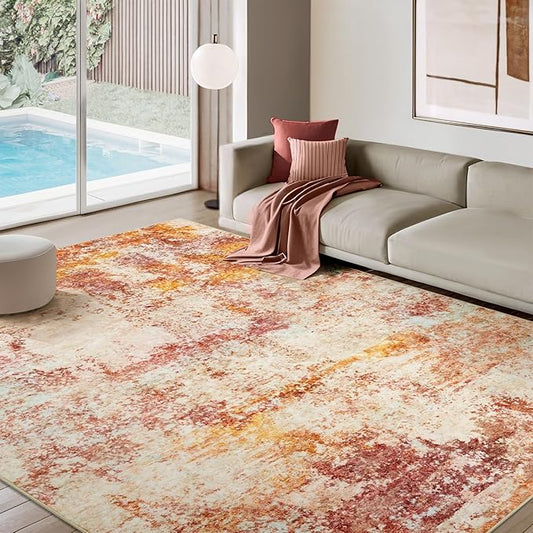 AUKOW Area Rug Living Room Rugs - 8x10 Washable Modern Neutral Abstract Rugs Soft Low Pile No Slip Stain Resistant Rug Indoor Large Carpet for Bedroom Dining Room Nursery Room Home - Pink/Orange