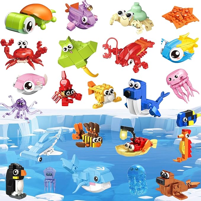 24 Pack Party Favor for Kids Building Set, Mini Ocean Animals Building Blocks Toy for Goodie Bag Stuffers, Classroom Prizes, STEM Toys for Boys,Easter Basket Stuffers, Birthday Gifts
