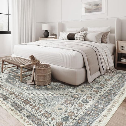 zesthome 5x7 Area Rugs - Ultra-Thin Washble Rug, Stain Resistant Anti Slip Backing Rugs for Living Room,Bedroom, Vintage Home Decor Area Rug (Grey/Orange,5'x7')