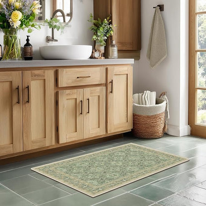 Jainmy Sage Green Small 2x3 Rug, Boho Floral Moroccan Printed Door Rugs for Entryway Indoor, Washable Non Slip Low Pile Thin Soft Door Mat Indoor Entrance for Kitchen Bathroom Laundry Room Bedside