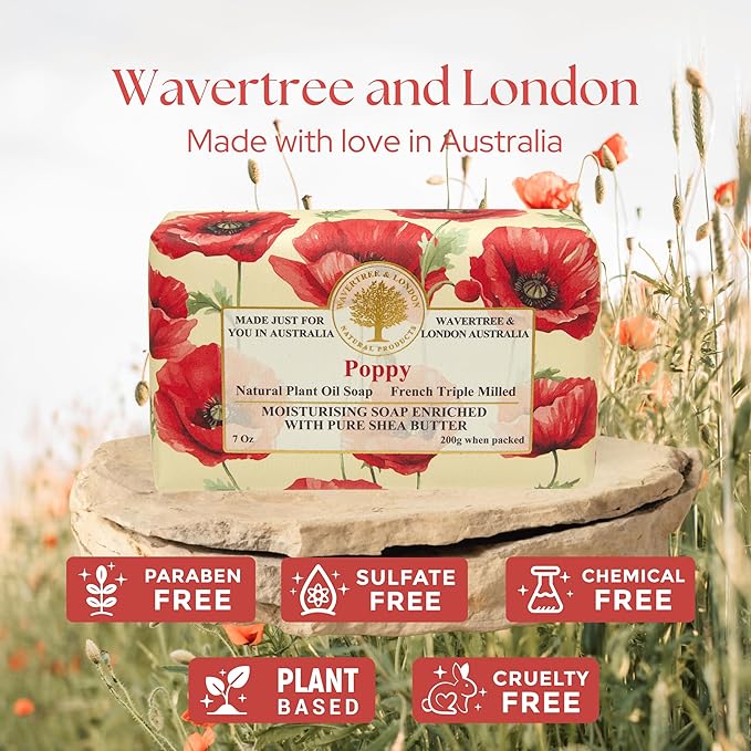 Wavertree & London Poppy Scented Natural Soap Bar, 7oz Moisturizing French Triple Milled Soap Bar for Women & Men Enriched with Organic Shea Butter, Pure Bath & Body Soap (1 Bar)