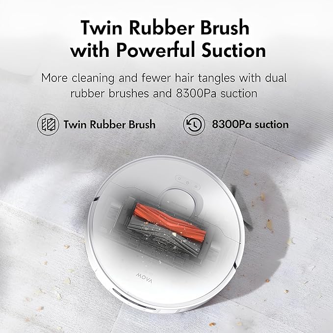 Mova S20 Ultra Robot Vacuum and Mop Combo with Dual Roller Brush, 8300Pa Suction, 140℉ Hot Water Mop Self-Washing & Drying, Mop Auto-Lift for Carpet, Self-Empty, Self-Refilling, Voice & App Control