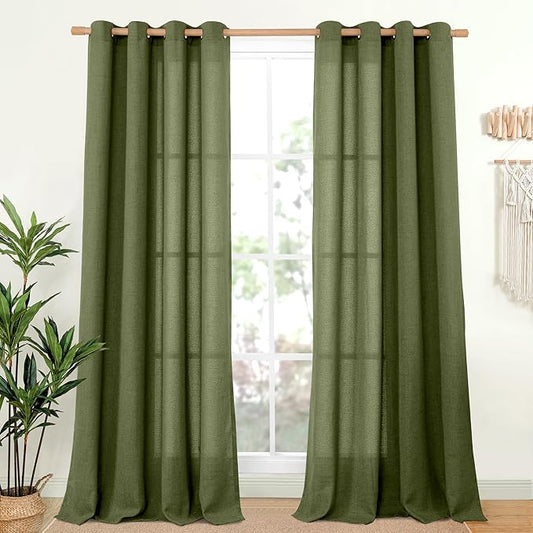 YoungsTex Olive Linen Curtains 90 Inch Length 2 Panels for Living Room, Dark Green Semi Sheer Drapes with Bronze Grommet Extre Long Window Treatments for Bedroom Dining, 52 X 90 Inch