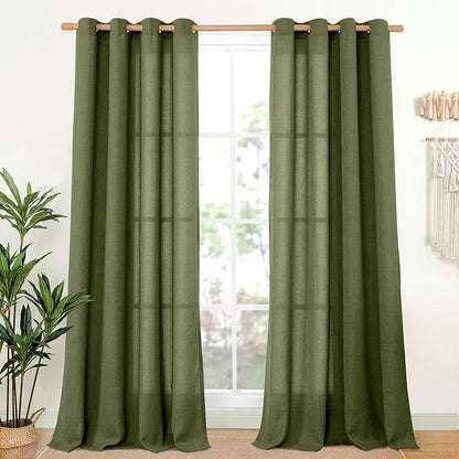 YoungsTex Olive Green Linen Curtains for Living Room, Extra Long Semi Sheer Drapes Light Filtering with Bronze Grommet for Bedroom Country, 2 Panels, 52 X 102 Inch