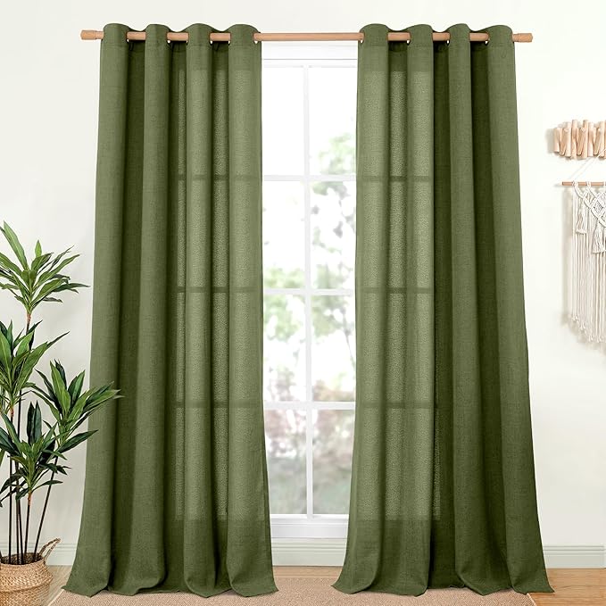 YoungsTex Dark Olive Green Linen Curtains for Living Room 84 Inch Length, Light Filtering Drapes with Bronze Grommet Natural Window Treatments for Dining Bedroom, 2 Panels, 52 X 84 Inch