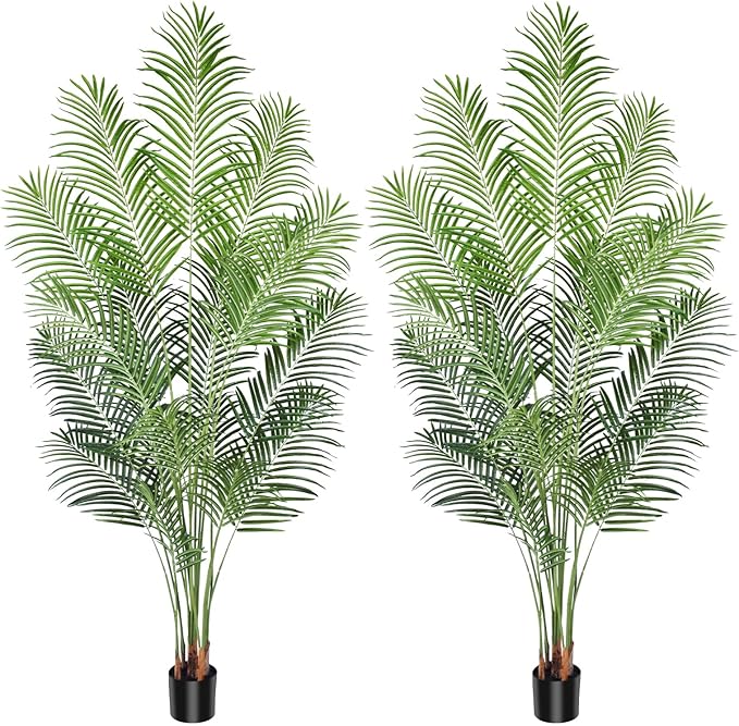 Artificial Palm Tree 7ft Tall Fake Palm Tree Indoor Decor with 18 Leaves and Real Bark Design Faux Tropical Areca Palm Silk Floor Plant in Pot for Home Office Living Room Bedroom Decor 2pcs