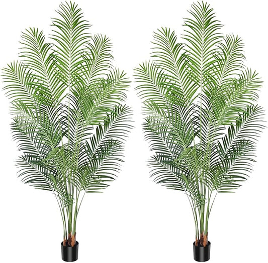 Artificial Palm Tree 7ft Tall Fake Palm Tree Indoor Decor with 18 Leaves and Real Bark Design Faux Tropical Areca Palm Silk Floor Plant in Pot for Home Office Living Room Bedroom Decor 2pcs