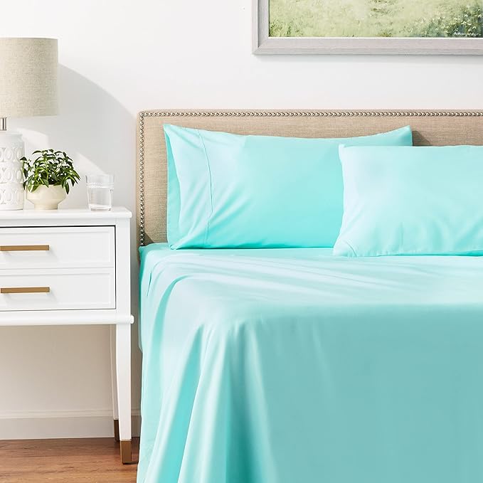 Serta Simply Clean Super Soft Hypoallergenic Stain Resistant Deep Pocket 4 Pieces Solid Bed Sheet Set, Queen, Turquoise