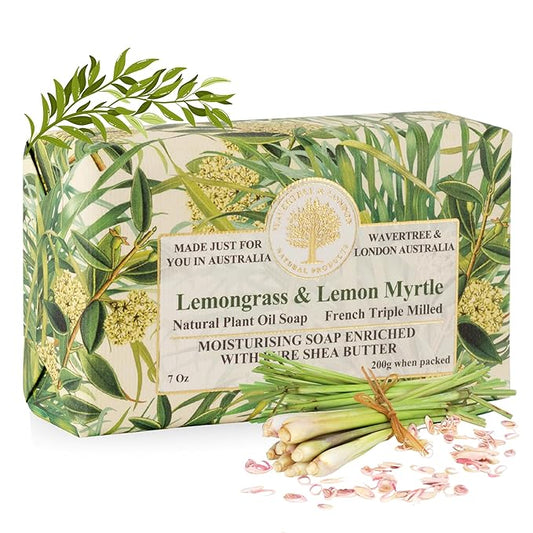 Wavertree & London Lemongrass & Lemon Myrtle Scented Natural Soap Bar, 7oz Moisturizing French Triple Milled Soap Bar for Women & Men Enriched with Organic Shea Butter, Pure Bath & Body Soap (1 Bar)