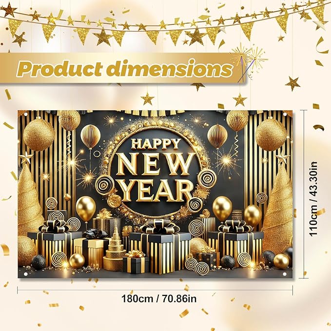 Happy New Year Backdrop 71x43 Inch Black Gold Party Banner Luxury Fireworks Celebration Background Elegant Holiday Wall Decor for New Year Eve Party Photo Booth Home Event