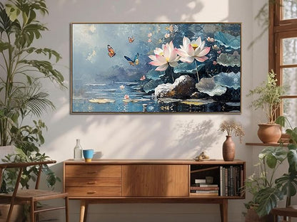 Ardemy Lotus Floral Canvas Wall Art Lrage Framed Pictures Wall Decor Living Room Flower Paintings Artwork for Walls Bedroom Kitchen Dining Room Home Office, 48"x24"