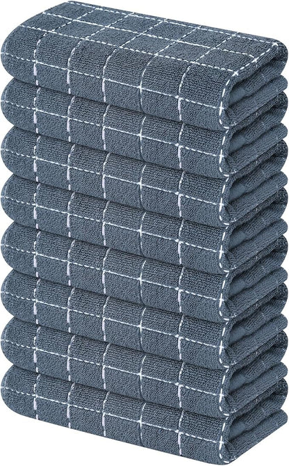 Mordimy 100% Cotton Terry Cloth Kitchen Towels, Super Soft and Absorbent Dish Towels for Drying, Checkered Designed Hand Towels for Kitchen, 16 x 26 Inches, 8 Pack, Grey