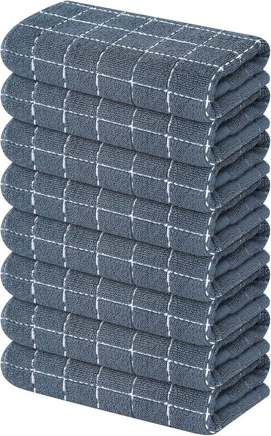 Mordimy 100% Cotton Terry Cloth Kitchen Towels, Super Soft and Absorbent Dish Towels for Drying, Checkered Designed Hand Towels for Kitchen, 16 x 26 Inches, 8 Pack, Grey