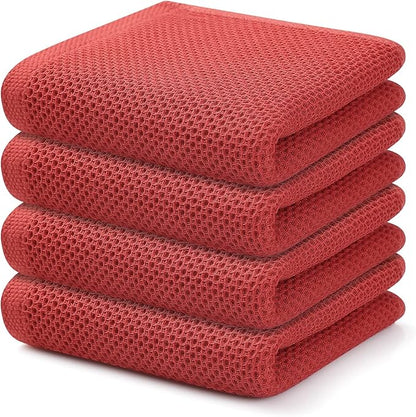 Kitinjoy 100% Cotton Waffle Weave Kitchen Towels, 4-Pack Super Soft and Absorbent Dish Towels for Drying Dishes, Kitchen Hand Towels, 13 in x 28 in, Brick Red