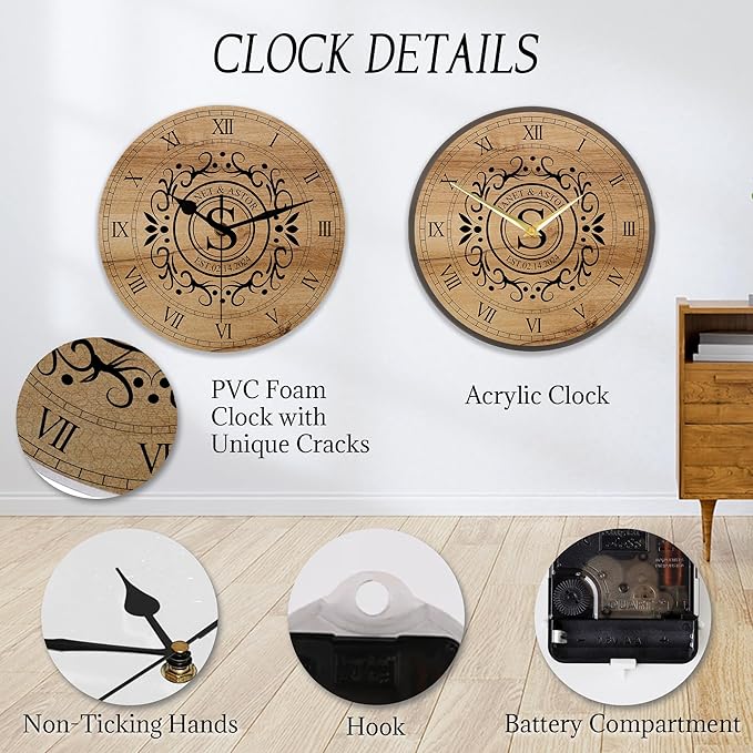 Personalized Couples Wall Clock with Roman Numerals, Custom Farmhouse Wall Clock with Name Date for Living Room Bathroom, Home Decor Gifts for Christmas Birthday Valentine's Anniversary