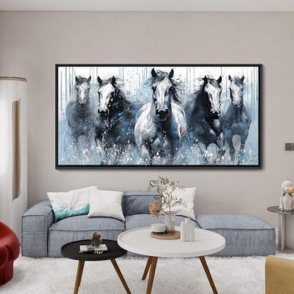 DUNHUANG ART Horse Canvas Wall Art - Equine Themed Running Horses Pattern for Home Décor - Rustic Farmhouse Animals Painting - Living Room, Bedroom, Bathroom, Office - White Horse 30"x60"