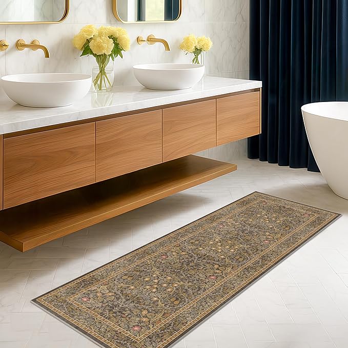 Gold Brown 2x6 Bathroom Runners Non Slip Washable, Low-Pile Runner Rugs for Kitchen, Entryway, Hallway, Laundry Room, Bedroom Bedside, Vintage Floral Stain Resistant Soft Carpet