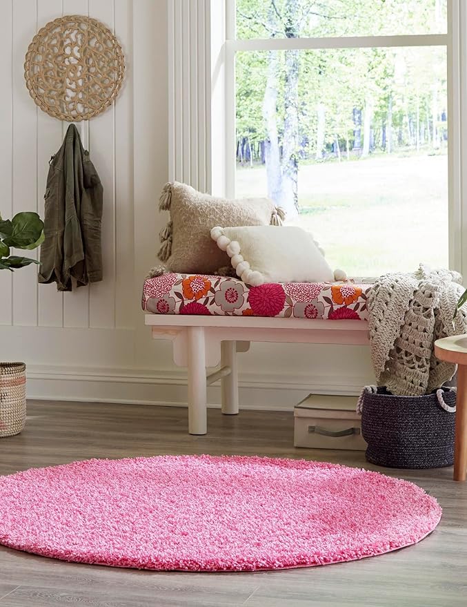 Unique Loom Solid Shag Collection Area Rug (5' 3" Round, Taffy Pink)