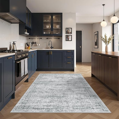 Area Rugs 4x6 for Living Room, Non-Slip Backing Small Kids Rugs for Bedroom, Vintage Abstract Rug Home Decor, Low Pile Soft Washable Rug for Kitchen, Dining Room (4'x6', Grey/Ivory)