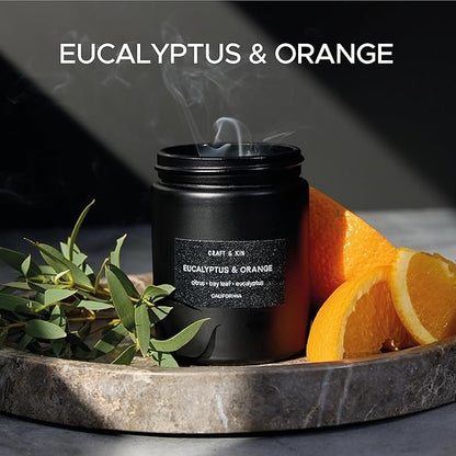 Craft & Kin Premium Orange & Eucalyptus Candle | Black Scented Candles for Home | Long Lasting with 45 Hour Burn Time, 7.6oz | Soy Candle | Aromatherapy at Home | Gifts for Men