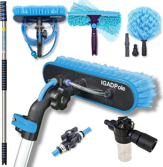 IGADPole Washing Kit: Water-fed Brush, Cobweb Duster and 10” Squeegee and Soap Dispenser, with 5-Stage Telescoping Pole 5-20ft Pole