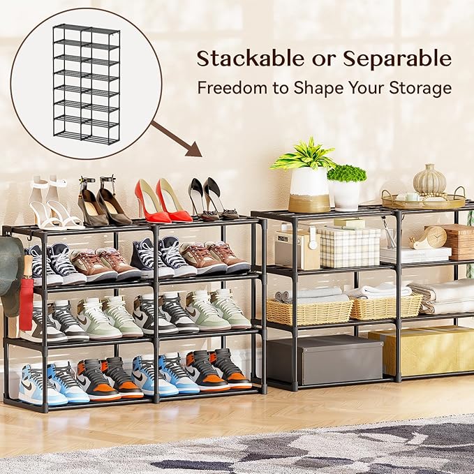 SUFAUY 8 Tier Large Metal Shoe Rack Organizer with Hooks, Large Capacity 40 Pairs Sturdy Shoe Boot Storage, Black