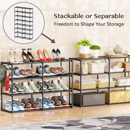 SUFAUY 8 Tier Large Metal Shoe Rack Organizer with Hooks, Large Capacity 40 Pairs Sturdy Shoe Boot Storage, Black