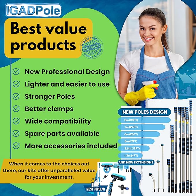 24ft IGADPole Washing Kit: Water-fed Brush, Cobweb Duster and 10” Squeegee and Soap Dispenser, with 6-Stage Telescoping Pole 5-24ft Pole
