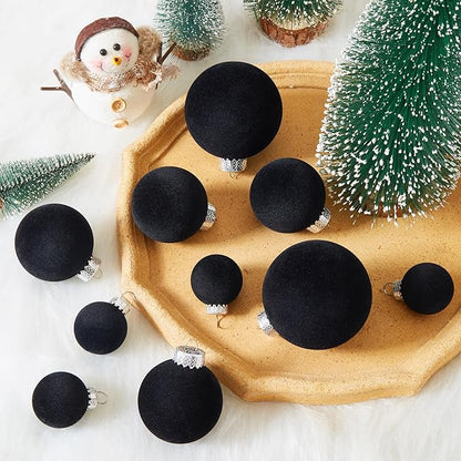 Velvet Christmas Ball Ornaments Set-46pcs Flocked Shatterproof Christmas Tree Decorations Plastic Xmas Decorative Hanging Ornaments for Xmas Holiday Home Decor,3 Sizes(Black)