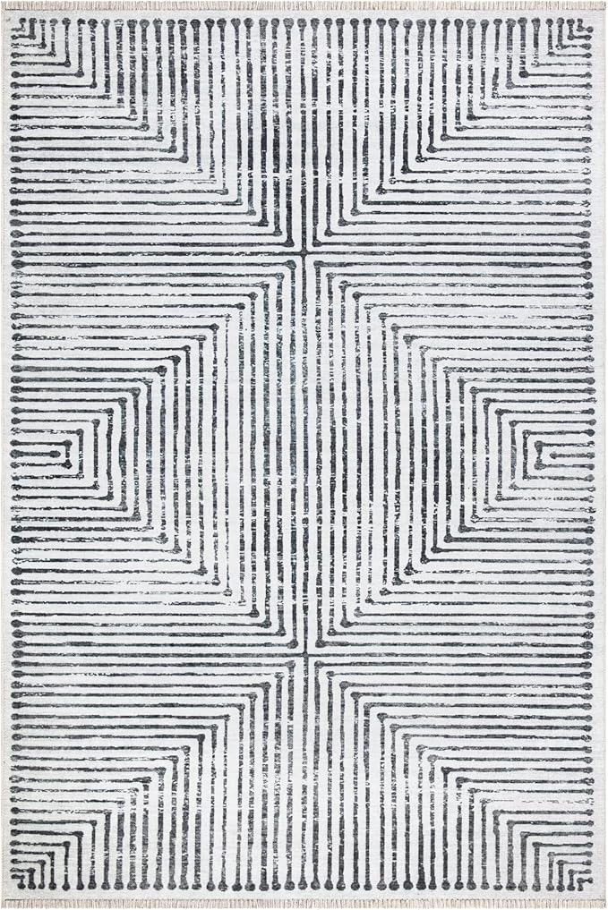 Bloom Rugs Caria Washable Non-Slip 9x12 Rug - Ivory/Black Striped Area Rug for Living Room, Bedroom, Dining Room, and Kitchen - Exact Size: 9' x 12'