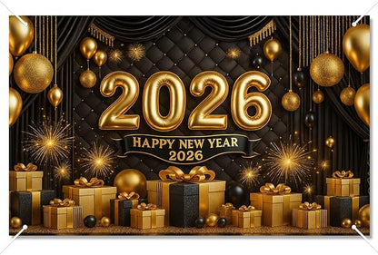 Happy New Year 2026 Backdrop Gold Black Balloons Fireworks Gift Boxes Sparkling Party Banner 71x43 Inches New Year Eve Decoration Indoor Outdoor Celebration Photography Background