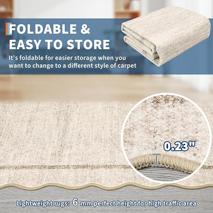 GarveeHome Scalloped Round Area Rugs, Washable Small Round Rug 3 ft Non-Slip Nursery Rug, Christmas Soft Solid Beige Circle Low Pile Stain Resistant Carpet for Bedroom Entryway Kitchen Bathroom