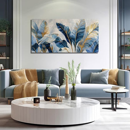 JuhaiArt Gold Banana Leaf Canvas Art for Living Room Bedroom Blue Botanical Picture White Wall Decor 24" x 48"