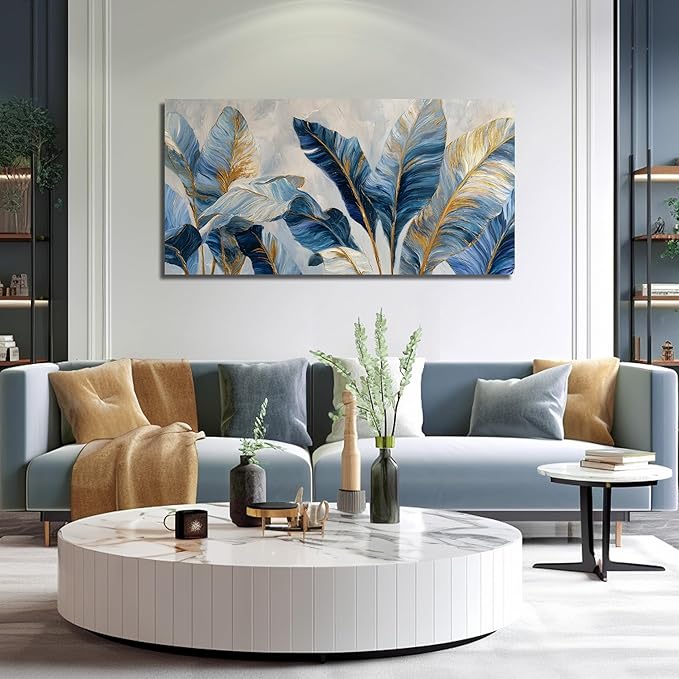 JuhaiArt White Banana Leaf Prints Bedroom Blue Canvas Art Botanical Gold Wall Artwork for Living Room Office 29" x 59"