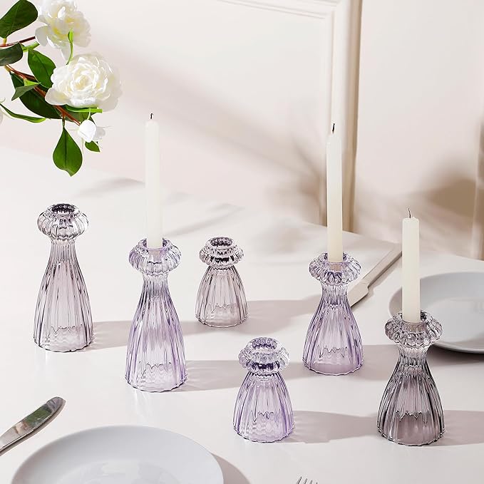 Lysenn Glass Candle Stick Holder Set of 3 – Premium Taper Candle Holders for Romantic Ambiance - Candle Sticks Holder Decor for Special Occasions - Purple