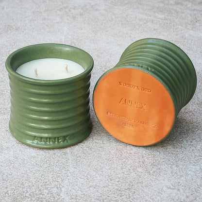 Scented Luxury Candles in Handmade Ceramic Jars, Soy Wax | Woody Wood – Oud & Agarwood, Large Candle | Non Toxic, 2 Wicks, Reusable Big Olive Green Jar | Natural Spring Aromatherapy for Women & Men