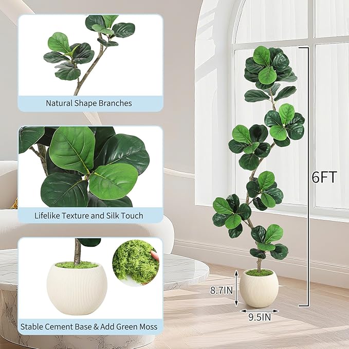 Garvee Fiddle Leaf Fig Tree 6ft Tall Artificial Tree with White Planter，Faux Floor Plant, Indoor Fake Plants for Home Office Decor