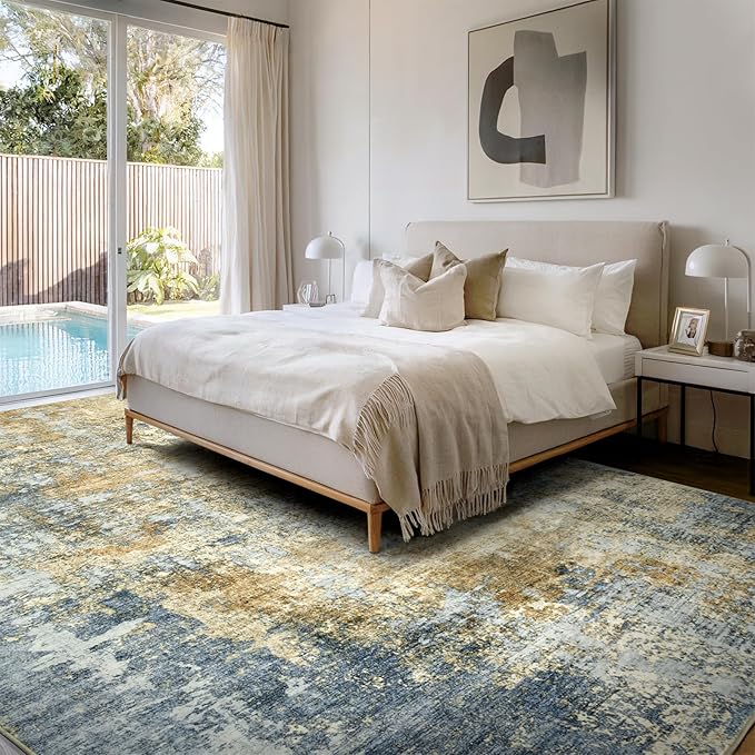 AUKOW Area Rug Living Room Rugs - 8x10 Modern Abstract Soft Indoor Neutral Washable Rug Stain Resistant Non-Slip Low Pile Carpet for Bedroom Dining Room Home Office - Blue/Grey/Yellow