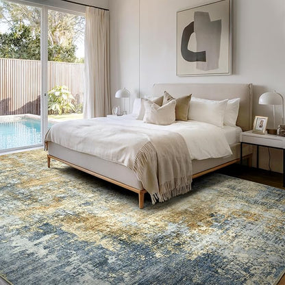 AUKOW Area Rug Living Room Rugs - 8x10 Modern Abstract Soft Indoor Neutral Washable Rug Stain Resistant Non-Slip Low Pile Carpet for Bedroom Dining Room Home Office - Blue/Grey/Yellow