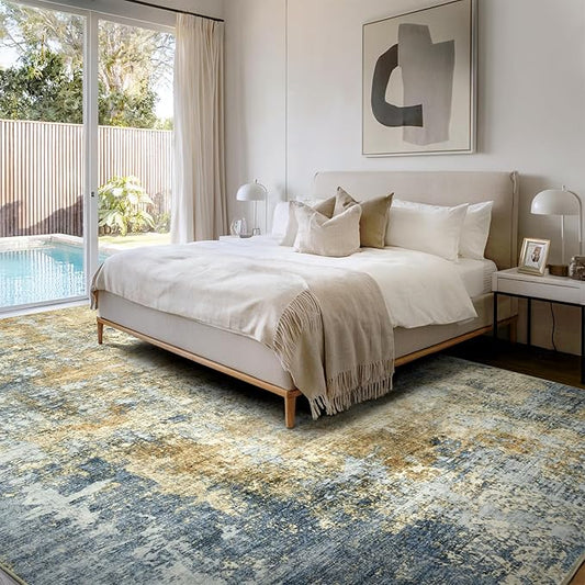 AUKOW Area Rug Living Room Rugs - 8x10 Modern Abstract Soft Indoor Neutral Washable Rug Stain Resistant Non-Slip Low Pile Carpet for Bedroom Dining Room Home Office - Blue/Grey/Yellow