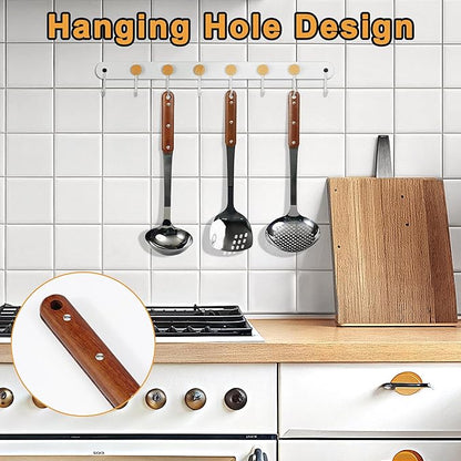 FJNATINH Stainless Steel Wok Spatula,Ladle,Skimmer Ladle Tool Set,Mirror Polished Cooking Utensils with Wooden Handle,Easy to Clean Wok Accessories,Black 3 PCS