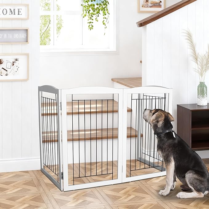 ZJSF Freestanding Foldable Dog Gate for House Extra Wide Wooden White Puppy Gate Stairs Dog Gates Doorways Tall Pet Gate 3 Panels Pet Fence