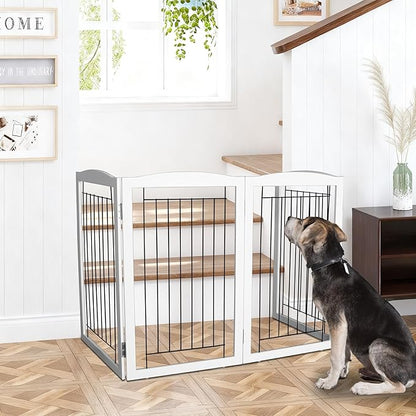 ZJSF Freestanding Foldable Dog Gate for House Extra Wide Wooden White Puppy Gate Stairs Dog Gates Doorways Tall Pet Gate 3 Panels Pet Fence