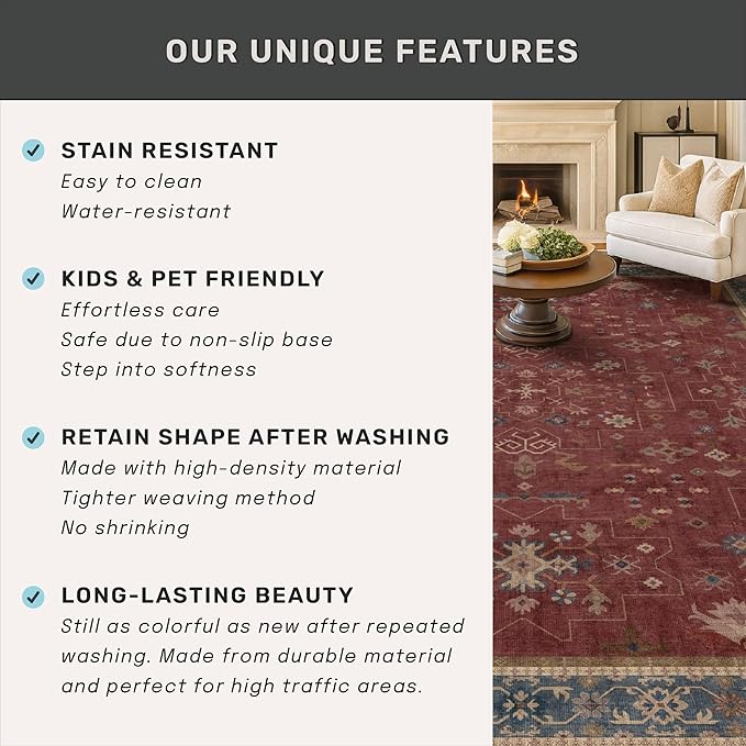 Oriental 8x10 Large Area Rugs for Living Room - Burgundy Rug for Bedroom Under Bed, Dining Room Under Kitchen Table, Washable Soft Non Slip Unique Indoor Décor