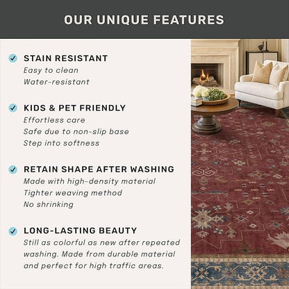 Washable 3x6 Entry Way Rugs Indoor - Burgundy Large Kitchen Rug, Non Slip Unique Bohemian Red Low Pile Thin Carpet for Bedroom Bedside, Foyer