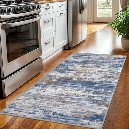 KOZYFLY Modern Abstract 3x5 Area Rug Washable Bedroom Rug Blue Rust, Throw Entry Mat Non-Slip Stain Resistant Carpet Dining Room Rug with Soft Low Pile for Living Room Kitchen Bath Office