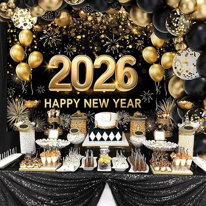 MEHOFOND 7x5 ft Black and Gold 2026 Happy New Year Backdrop Cheers to 2026 New Year Eve Glitter Photography Background Hello 2026 Party Balloon Fireworks Decor Banner Cake Smash Photo Props
