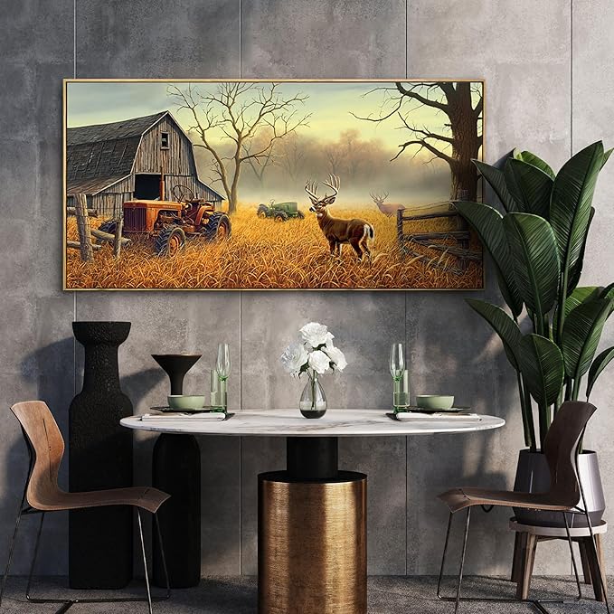 XLSJERST Extra Large Deer Wall Art for Living Room Canvas Prints Decor Decoration Country Tractor Rustic Wildlife Cabin Hunting Picture Glass Surface Artwork Ready to Hang for Bedroom Home Office